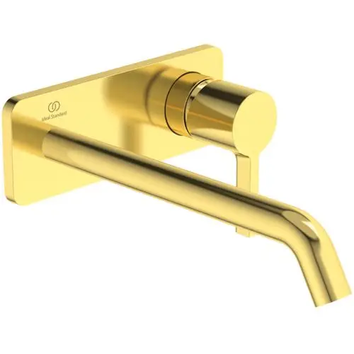 Wand-Waschtischarmatur in glänzendem Goldfinish von Ideal Standard mit eckiger Rosette und einem Auslauf von 225 mm. Modernes Design für Badezimmer.